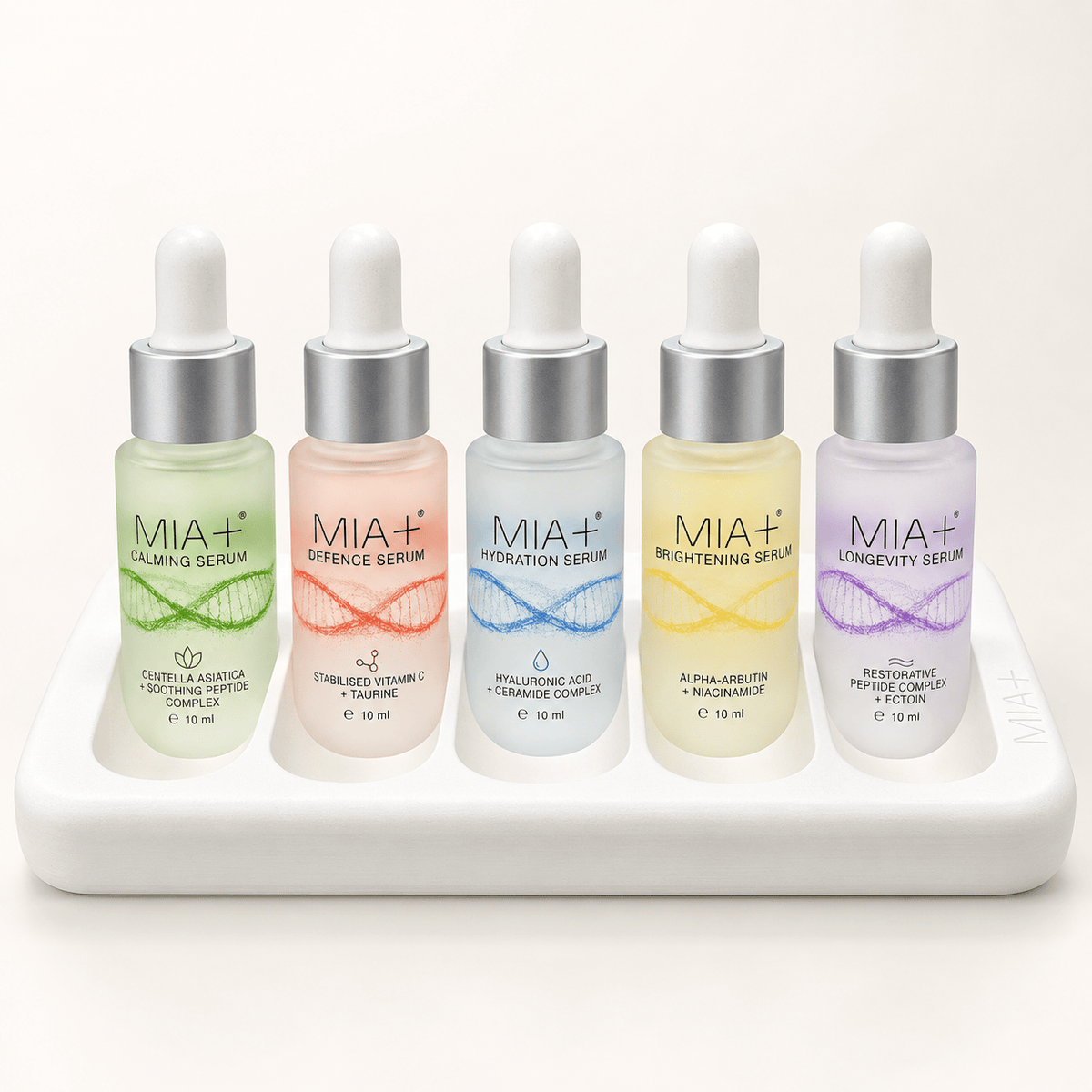Five MIA+ targeted serums: Calming, Defence, Hydration, Brightening and Longevity