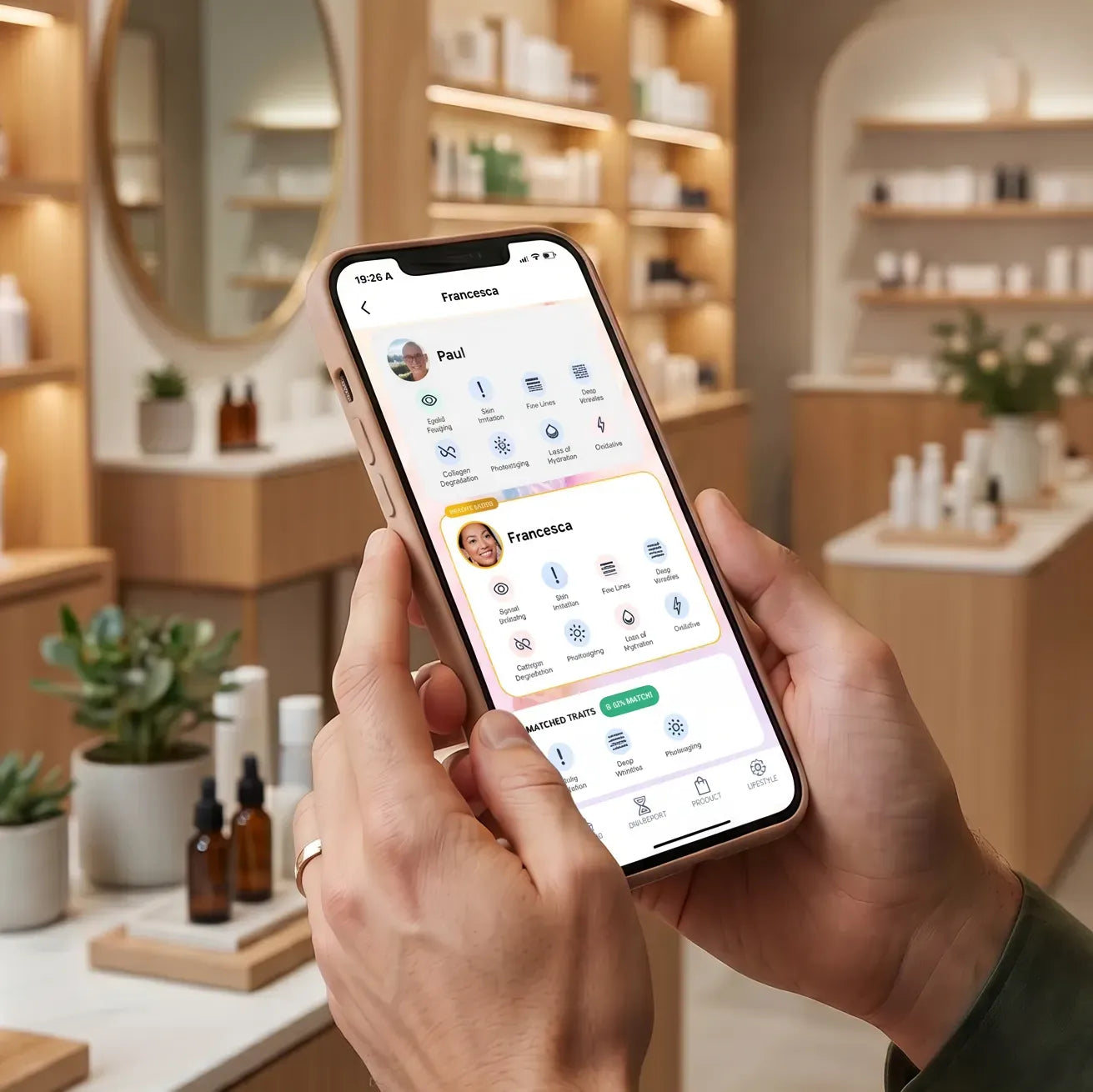 Genefluence app displaying personalised Skin DNA matching and skincare recommendations.