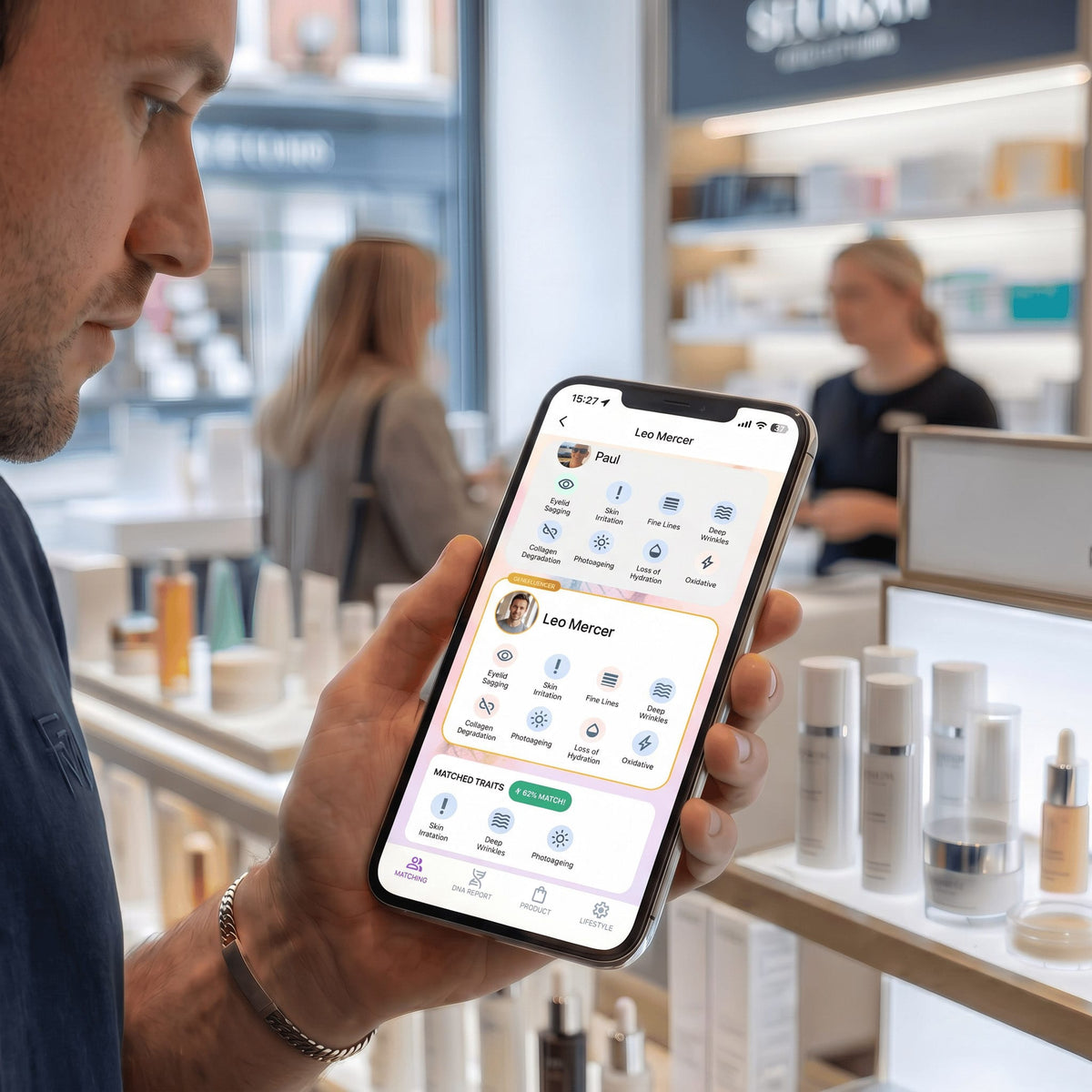 Genefluence app showing AI-powered Skin DNA Matching to connect with people who share similar skin characteristics.