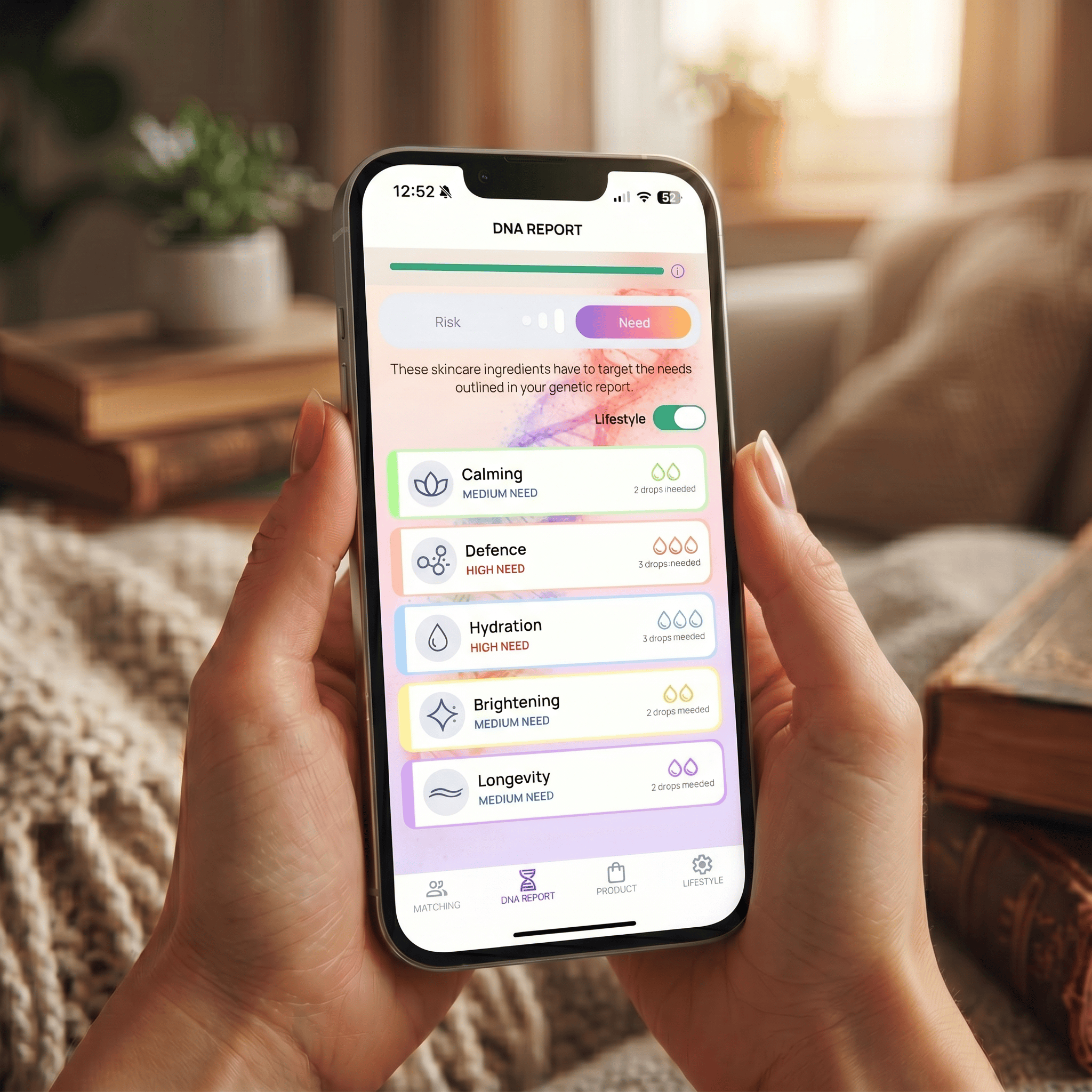 Genefluence Skin DNA report displayed in the app with personalised skincare ingredient recommendations.