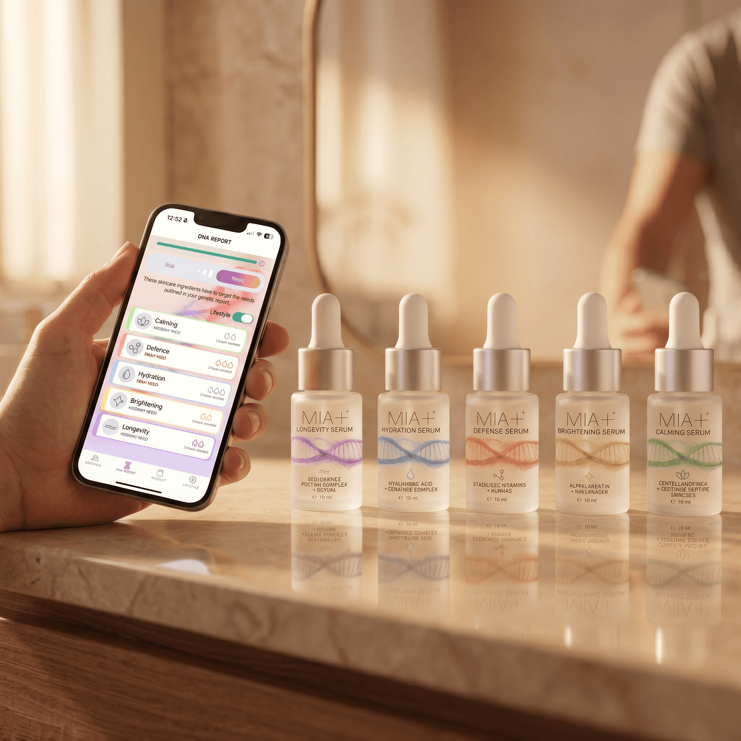 Genefluence Skin DNA app displayed alongside five personalised MIA+ skincare serums.