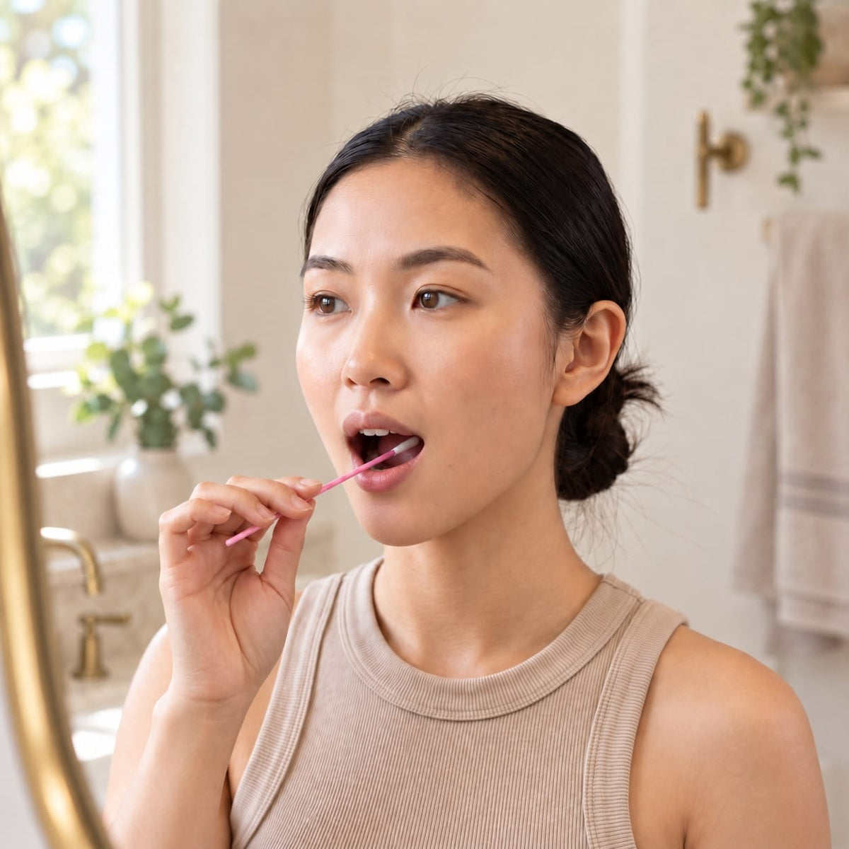 Customer collecting a cheek swab sample for MIA+ Skin DNA analysis