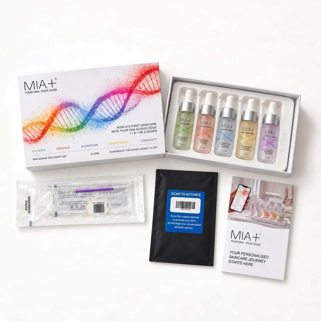 Contents of the MIA+ Discovery Set, including five targeted serums and the at-home Skin DNA test