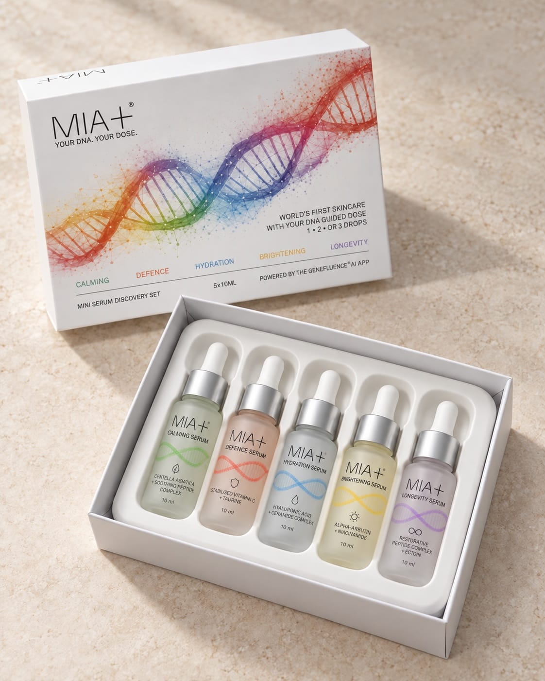 Open MIA+ Discovery Set showing five 10 ml serums, reusable tray and at-home Skin DNA test