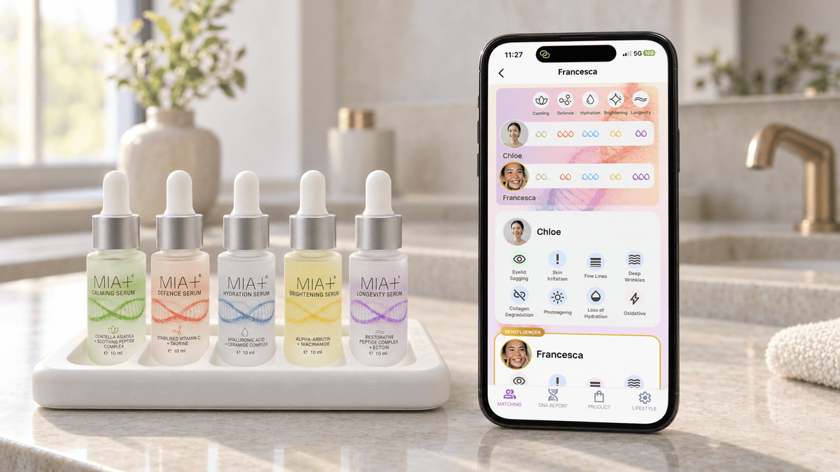 Genefluence app displaying a Skin DNA Matching comparison beside five MIA+ serum bottles