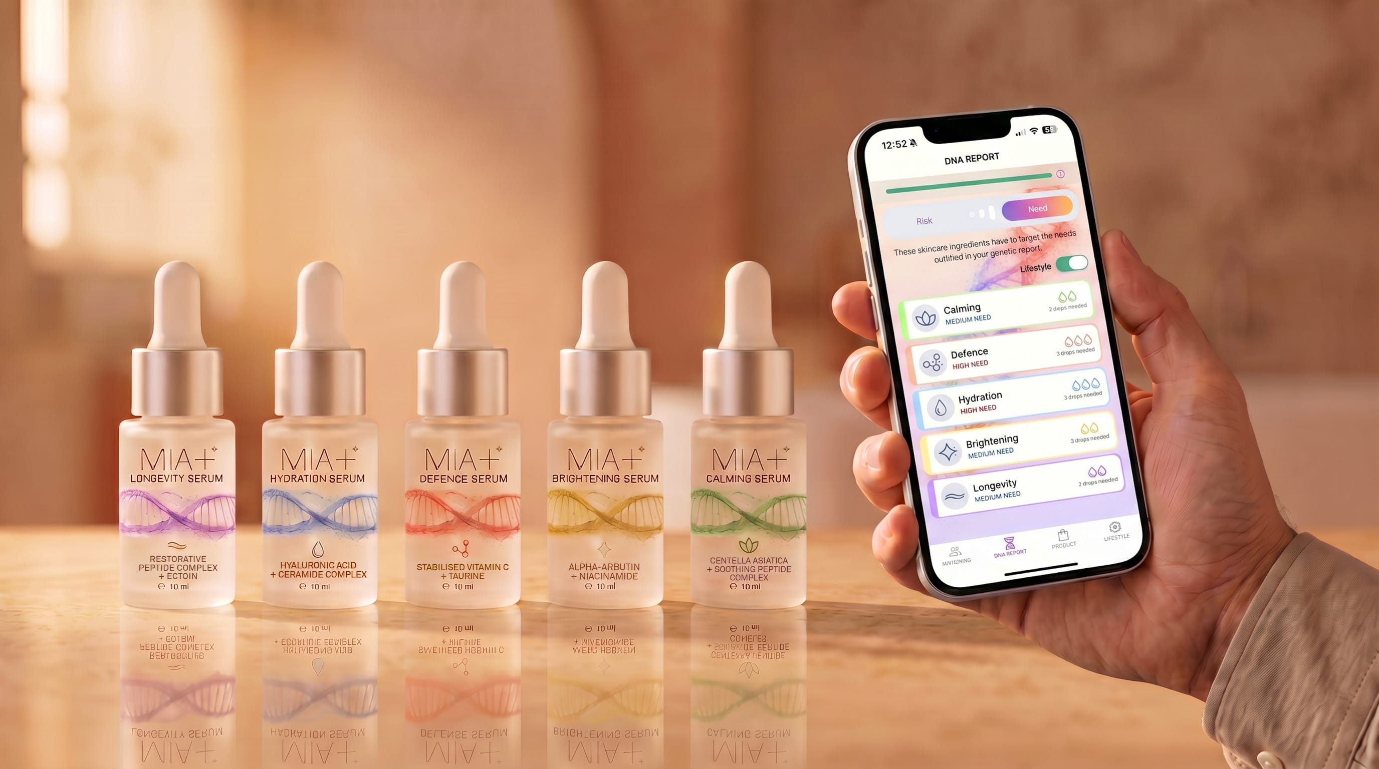 Five MIA+ personalised skincare serums alongside the Genefluence app for Skin DNA insights and AI-powered Matching.