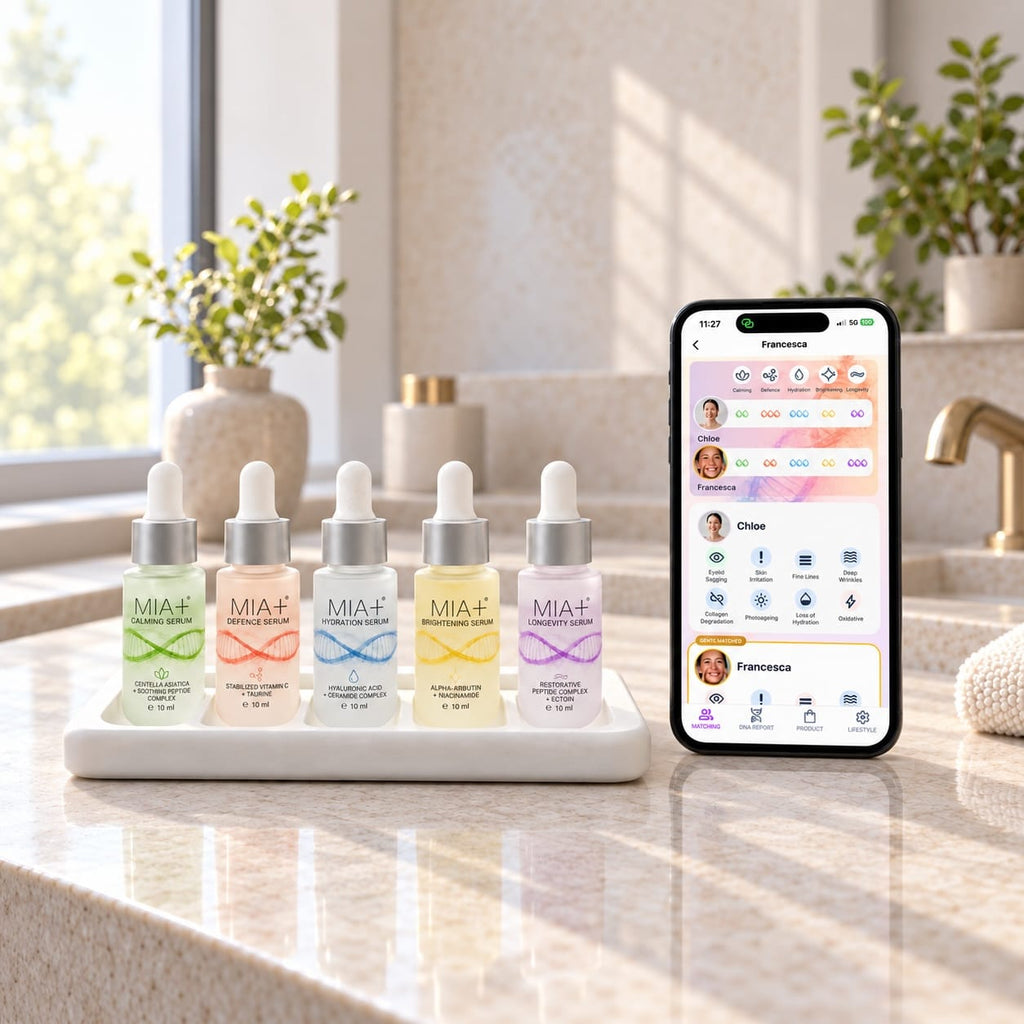 MIA+ Skin DNA personalised skincare system with five targeted serums and the Genefluence app