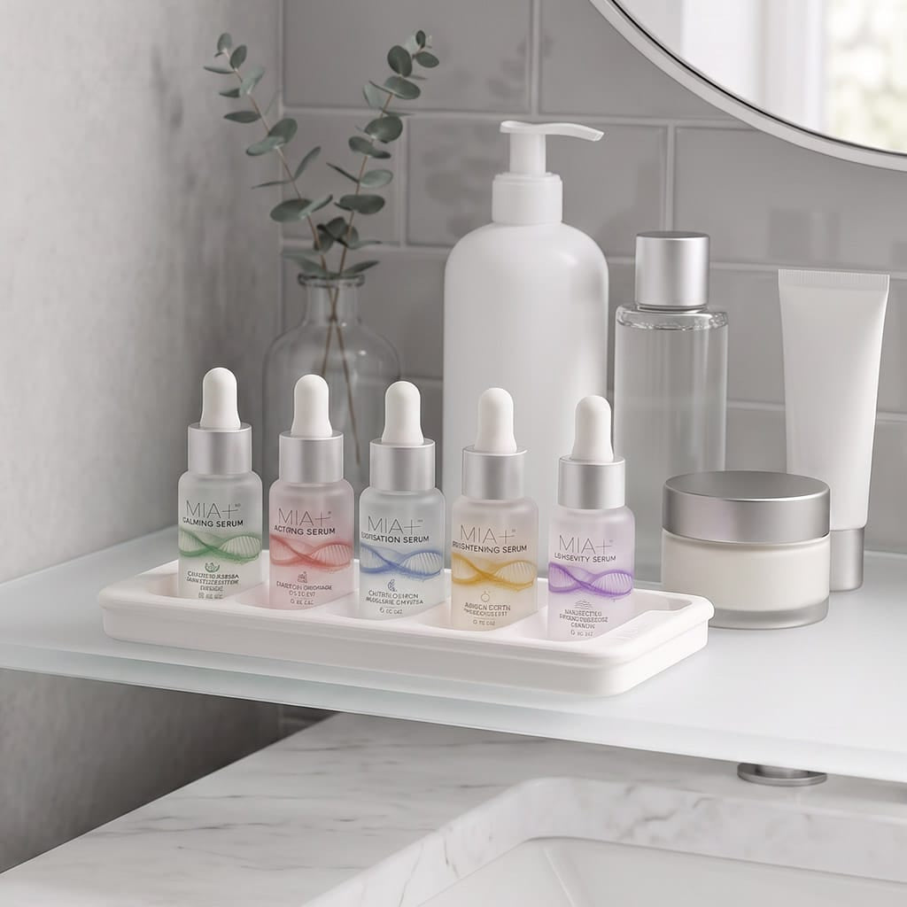 Five personalised MIA+ skincare serums alongside everyday skincare products, designed to fit into your existing skincare routine.