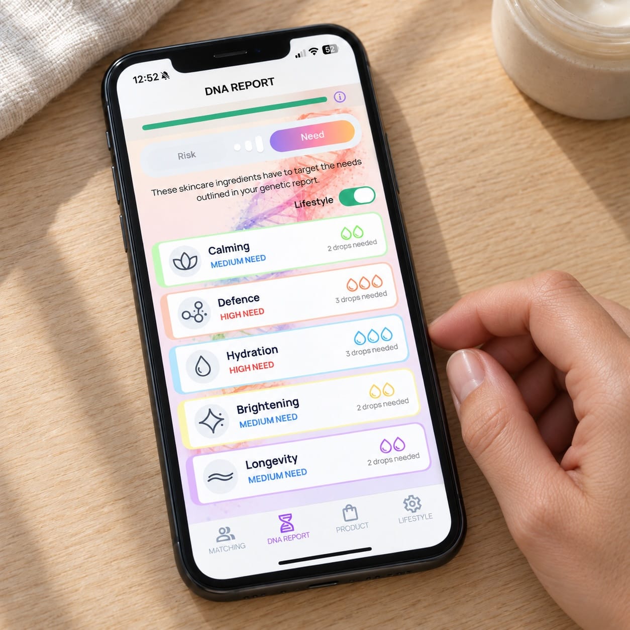 Genefluence app showing a Skin DNA report and personalised MIA+ Drops Code