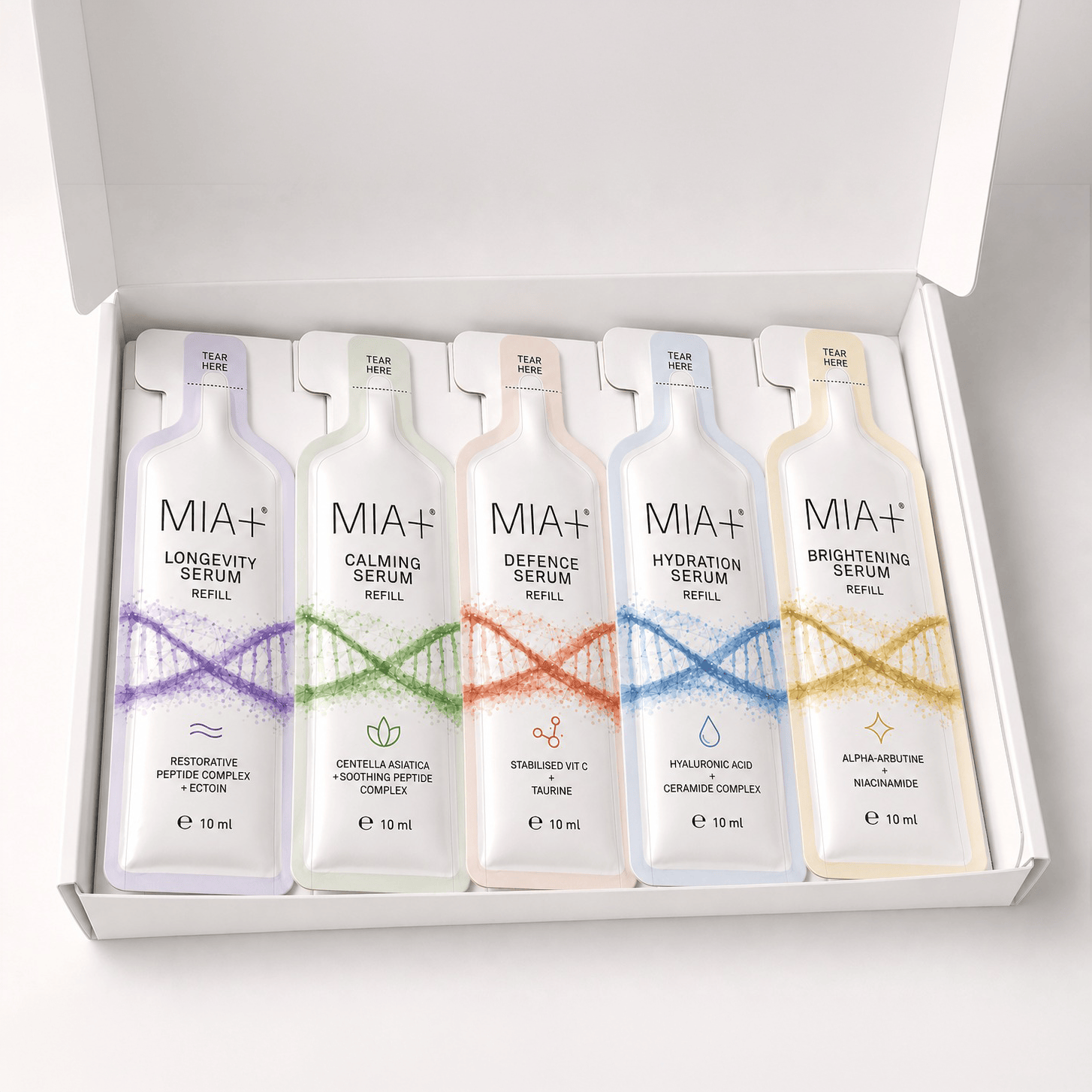 MIA+ personalised skincare refill pack containing five monthly serum refills tailored to your Skin DNA profile.